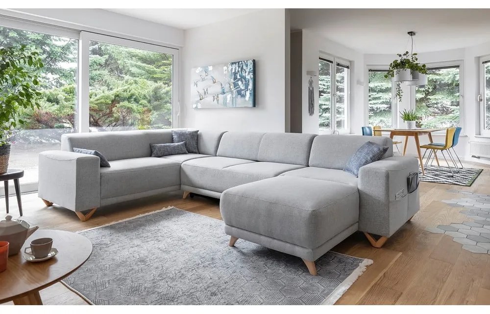 Светлосив разтегателен/с място за съхранение ъглов диван (ляв ъгъл/U форма) Classy Sophie – Miuform