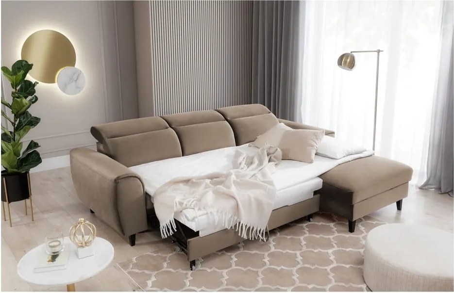 Светлокафяв кадифен разтегателен ъглов диван с място за съхранение (десен ъгъл) Foble – ELTAP