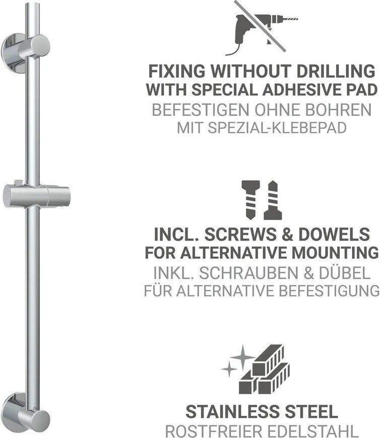 Душ релса без пробиване от неръждаема стомана в блестящо сребрист цвят с подвижен държач 70 cm – Wenko
