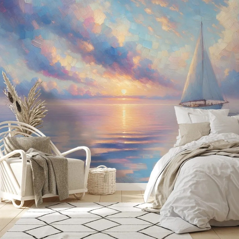 Самозалепващ тапет – Платноходка в спокойно море при залез