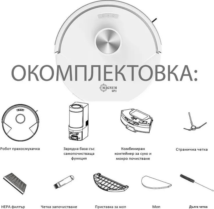 Прахосмукачка робот MAGNUM UP, 45W, 20000Pa, 180 мин, 230 мл, Прозрачен автоматичен контейнер, SMART сензори, Мокро/сухо, Бял