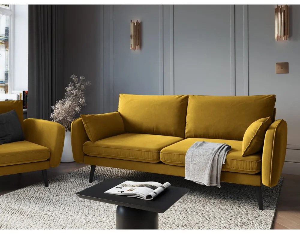 Жълт кадифен диван с черни крака , 198 см Lento - Kooko Home