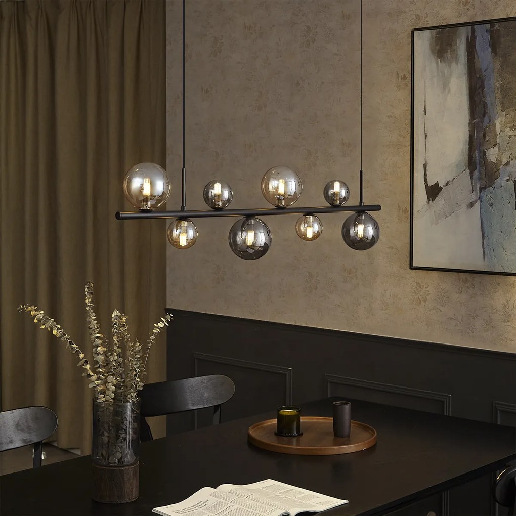 Висяща лампа черна с дим и кехлибарено стъкло правоъгълна 8-лампи - Monaco