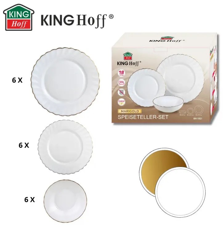 Сервиз за хранене Kinghoff KH 1921, 18 части, За 6 души, Опалово стъкло, Бял/Зластист
