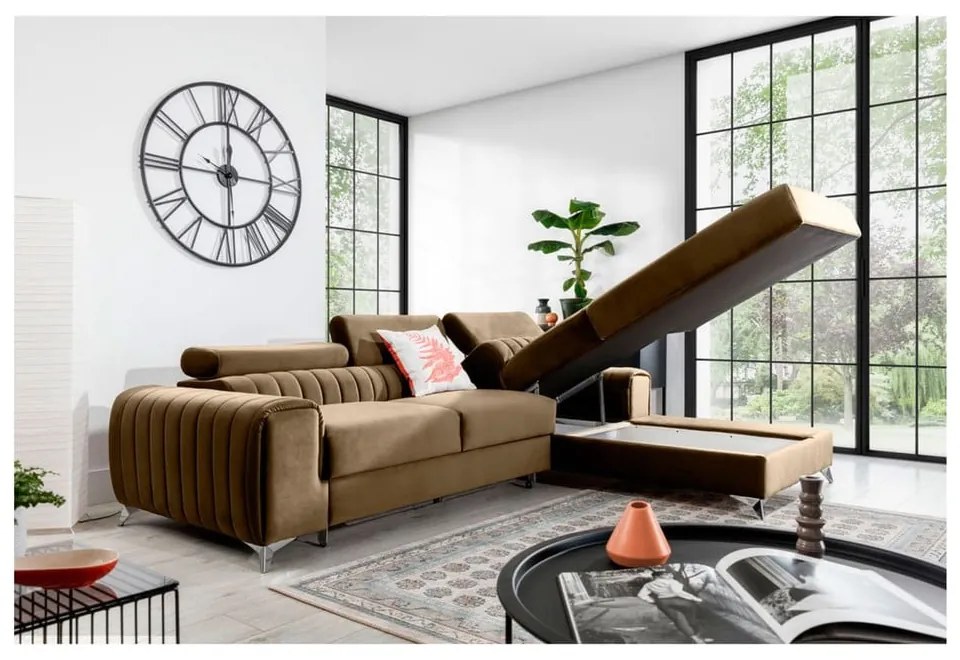 Светлокафяв кадифен разтегателен ъглов диван с място за съхранение (десен ъгъл) Grayson – ELTAP