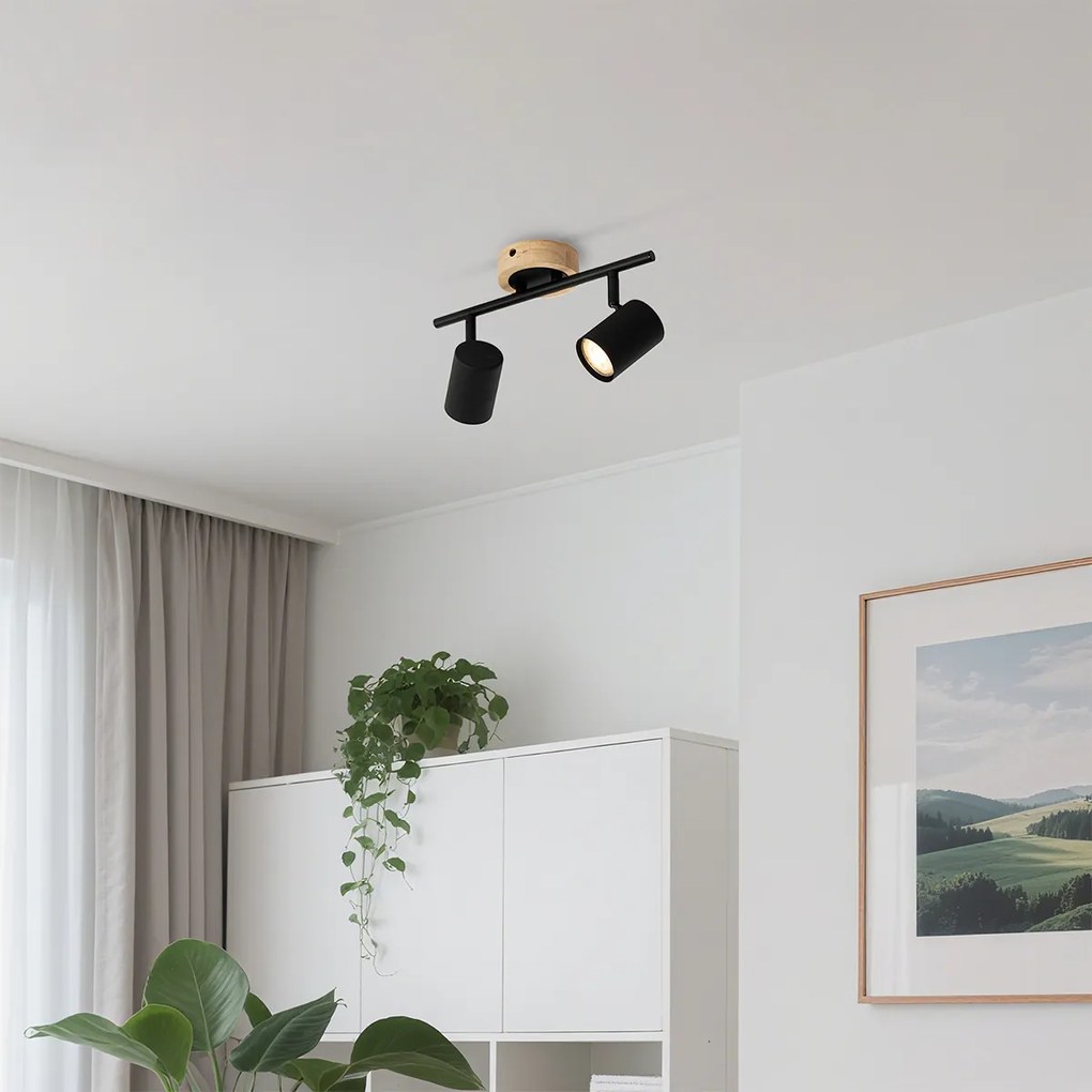 Модерен прожектор черен с дърво наклоняем 2-светлина - Jeana