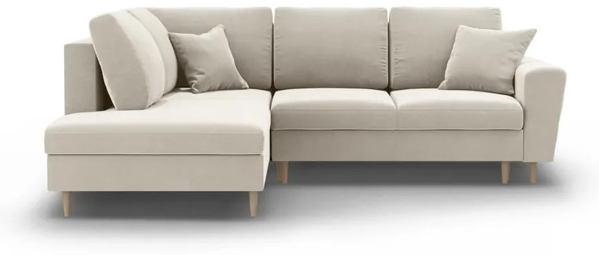 Бежов кадифен разтегателен ъглов диван с място за съхранение (ляв ъгъл/L форма) Kyoto – Cosmopolitan Design