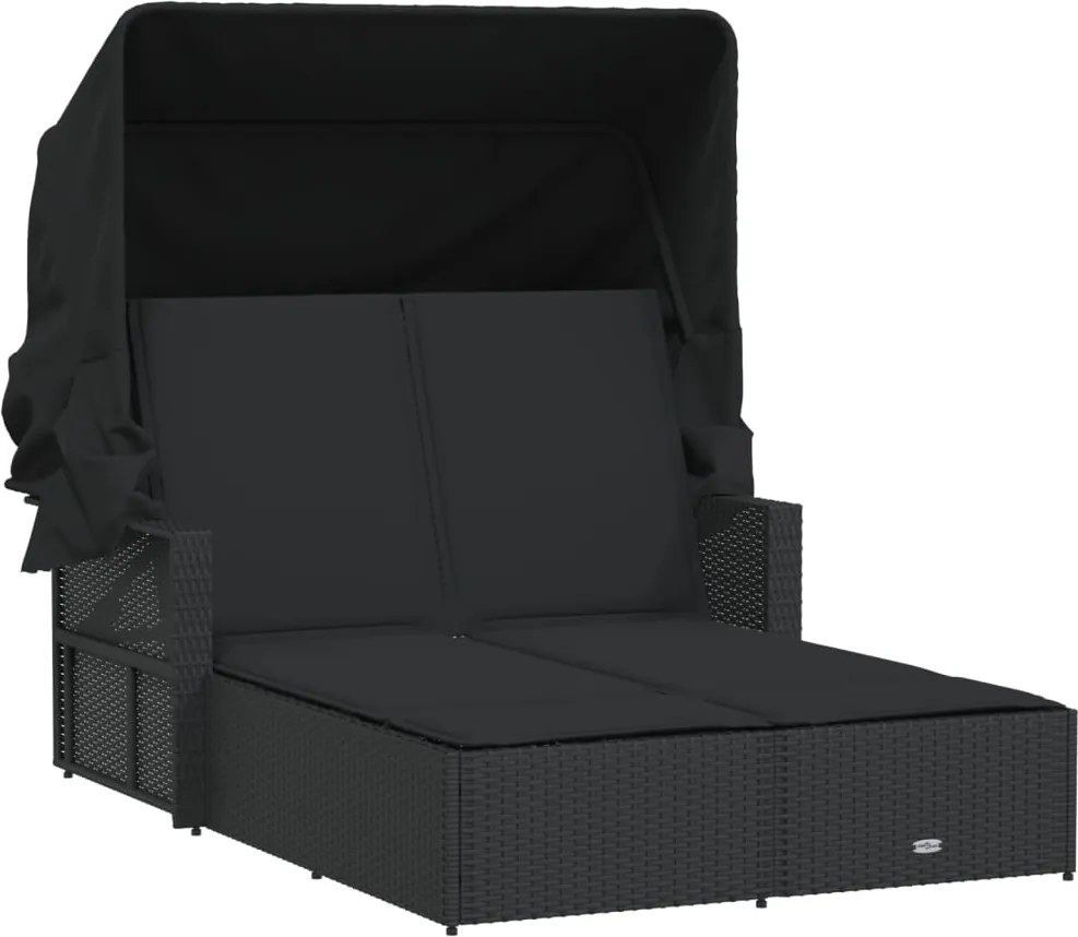365807 vidaXL Двоен шезлонг със сенник и възглавници черен полиратан