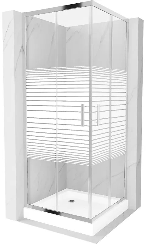 Mexen Rio квадратна душ кабина 80 x 80 см, бели ленти, хром + душ корито, бял - 860-080-080-01-20-4510
