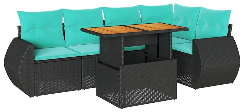 3327263 vidaXL Градински диван с възглавници, 6 части, черен, полиратан