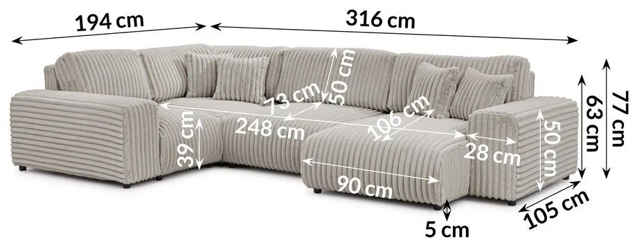 Светлосив ъглов диван от рипсено кадифе (ляв ъгъл/U форма) Justin – Ropez