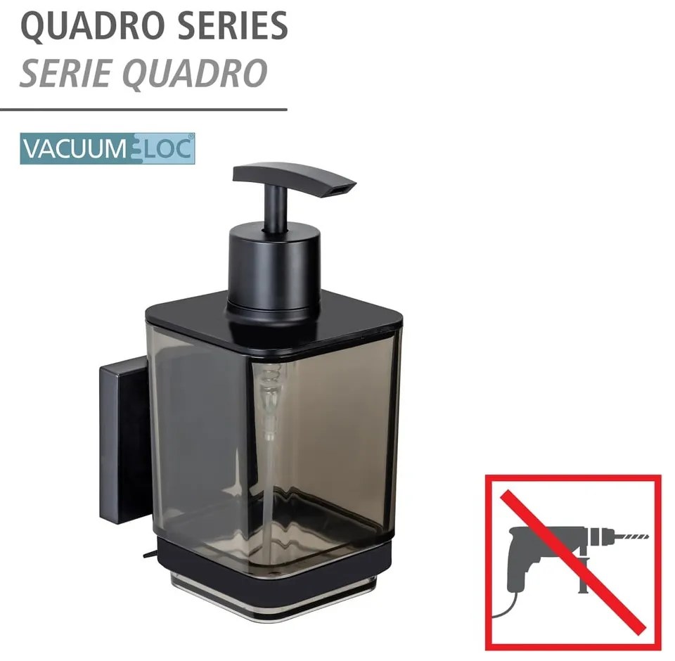 Черен самозалепващ пластмасов диспенсер за сапун 340 ml Quadro – Wenko