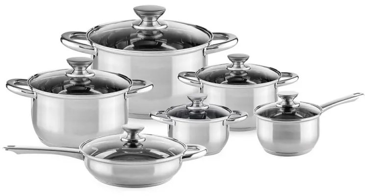 Комплект съдове за готвене Muhler MR-1242, 12 части, Неръждаема стомана, Трислойно дъно, Индукция, Сребрист