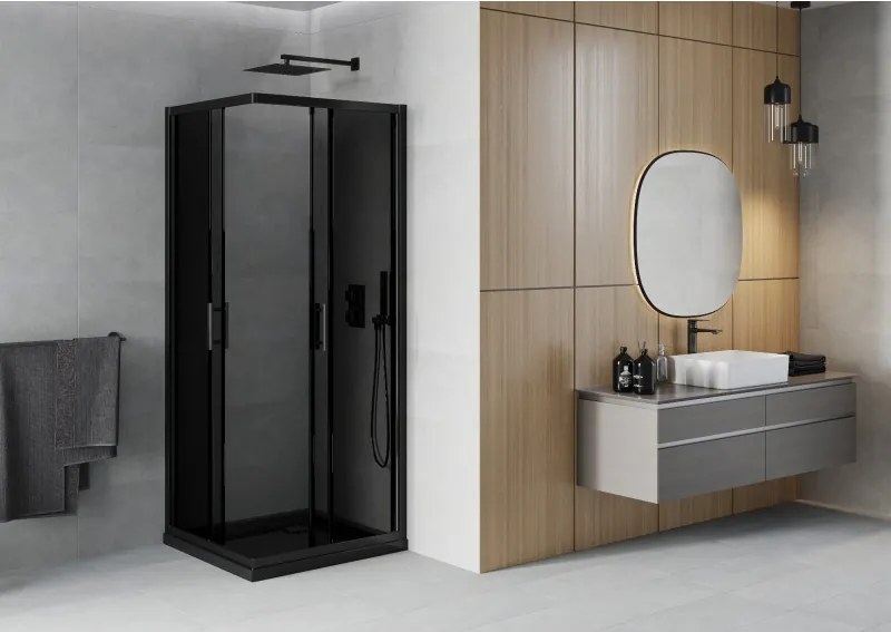 Mexen Rio квадратна душ кабина 80 x 80 см, графит, черна + поддушово корито Flat,
