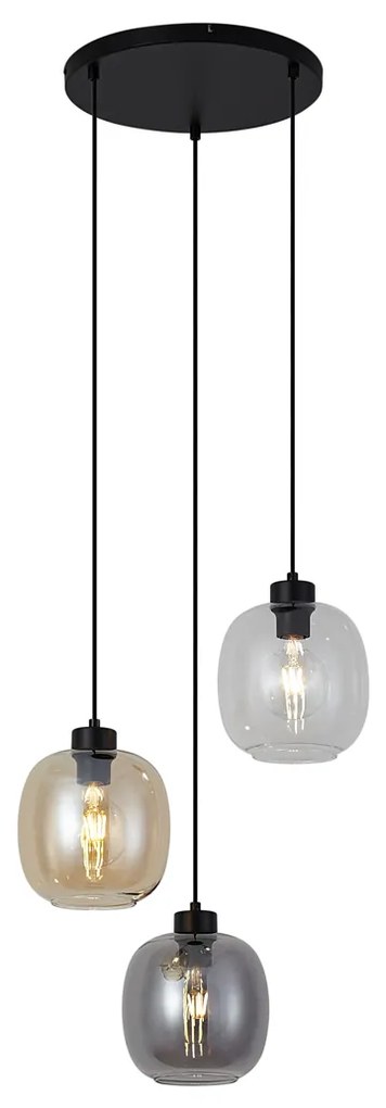 Висяща лампа черна с кехлибарено, димно и прозрачно стъкло 3 светлини - Елена