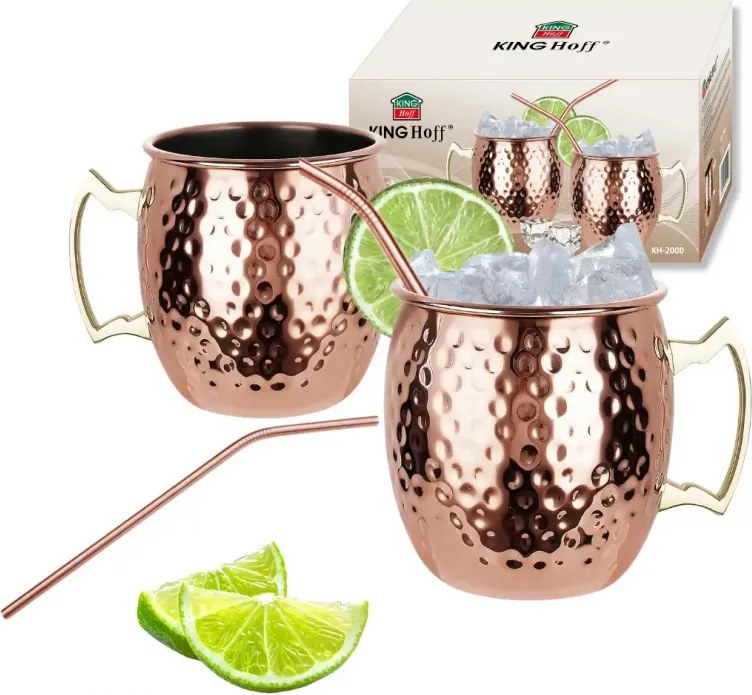 Комплект чаши за Moscow Mule Kinghoff KH 2000, 2 бр, 500мл, 2 сламки, Неръждаема стомана, Меден цвят