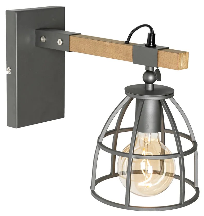 Индустриален стенен аплик тъмно сив с дърво регулируем - Arthur