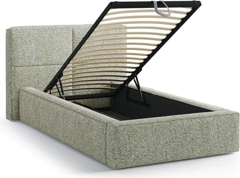 Зелено единично легло 90x200 cm тапицирано с място за съхранение с включена подматрачна рамка Darren – Micadoni