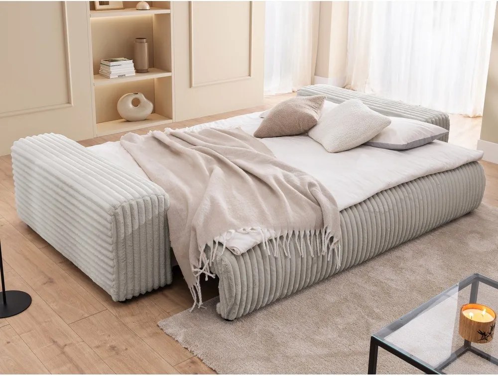 Светлосив разтегателен диван с място за съхранение от рипсено кадифе 260 cm Justin – Ropez