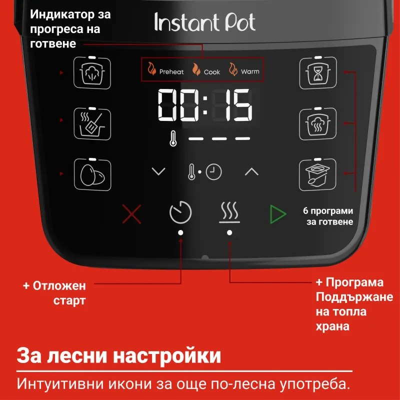 Мултикукър Instant Pot Classic Mini 140800001, 800W, 3.8 л, 7 програми, Favorite бутони, LCD дисплей, Неръждаема стомана, Черен