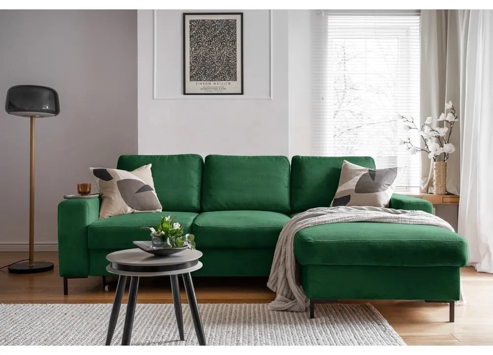 Тъмнозелен разтегателен ъглов диван от рипсено кадифе (десен ъгъл) Lofty Lilly – Miuform