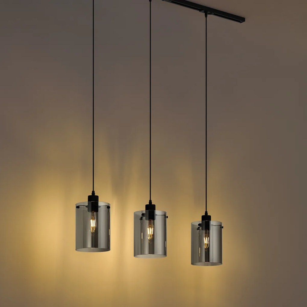 Modern railsysteem zwart met 3 hanglampen van smoke glas 1-fase - Iconic Dome