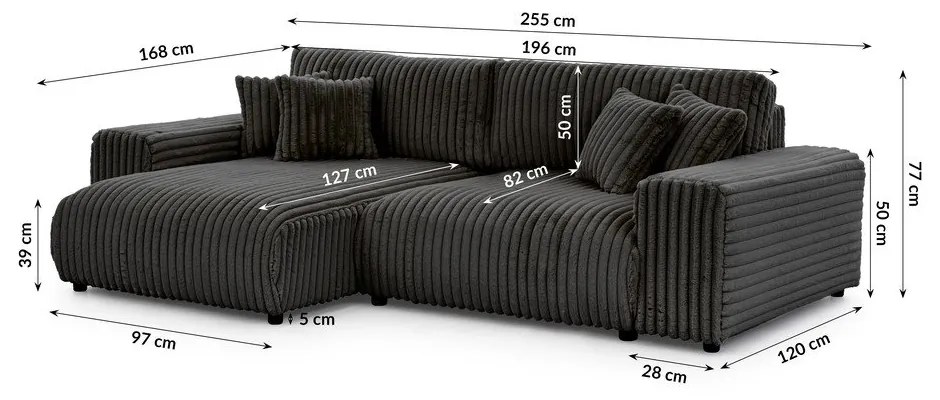 Тъмносив разтегателен ъглов диван от рипсено кадифе с място за съхранение (ляв ъгъл) Sarina – Ropez