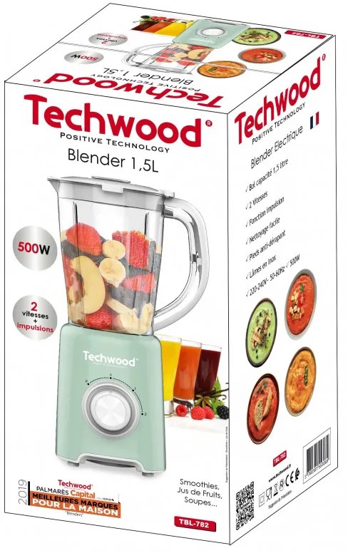 Блендер Techwood TBL-782, 500W, 1.5 л, 2 скорости + импулси, Стоманени ножове, Светлозелен