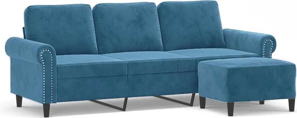 3201224 vidaXL 3-местен диван с табуретка, Синьо, 180 см, кадифе