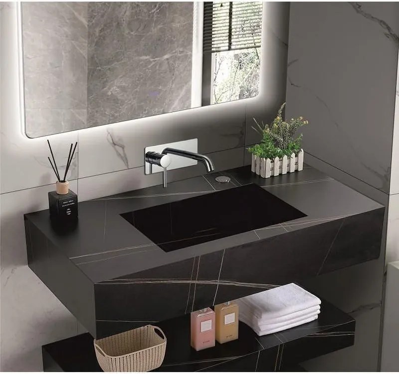 Мивка за баня PIETRA ICL 12049/80B /БЕЗ ОТВОР, стенен монтаж, кварц, черен, 80x50x18см