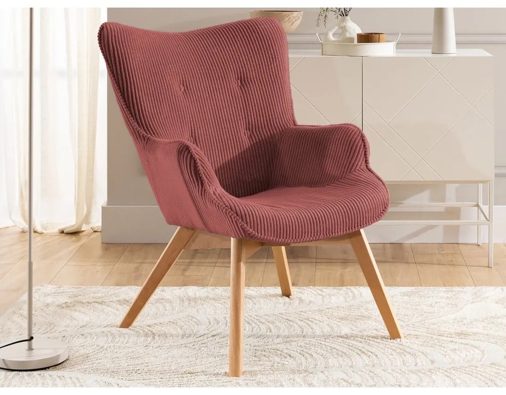 Червен фотьойл с табуретка от рипсено кадифе Niko – Ropez