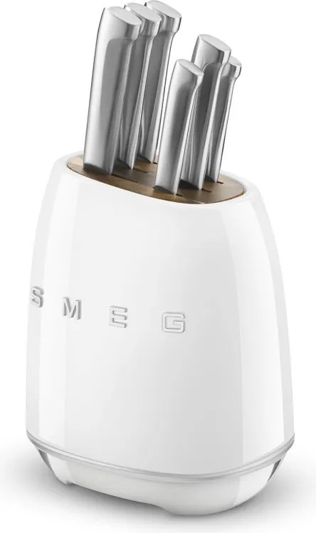 Комплект ножове със стойка SMEG KBSF02WH, 7 части, Слотове от акациево дърво, Немска неръждаема стомана, Бял