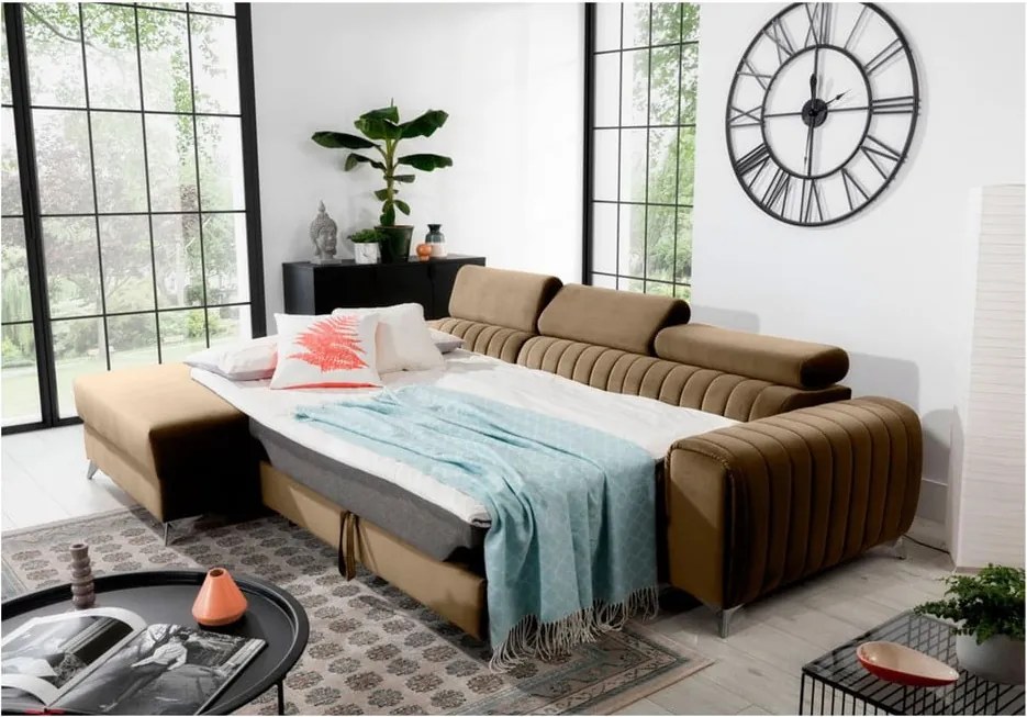 Светлокафяв кадифен разтегателен ъглов диван с място за съхранение (ляв ъгъл) Grayson – ELTAP