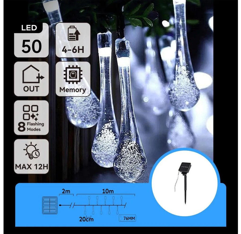 Aigostar - LED соларен декоративен низ 50 LED/8 функции 12м IP65 студена бяла