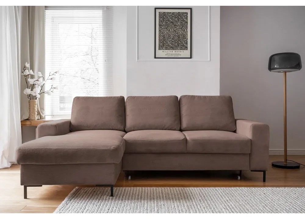 Кафяв разтегателен ъглов диван от рипсено кадифе (ляв ъгъл) Lofty Lilly – Miuform