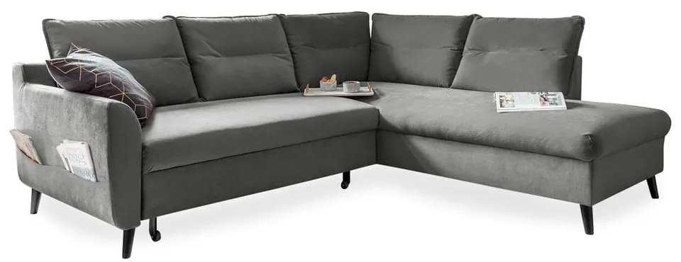 Светлосиво кадифено ъглово канапе L, десен ъгъл Stylish Stan - Miuform