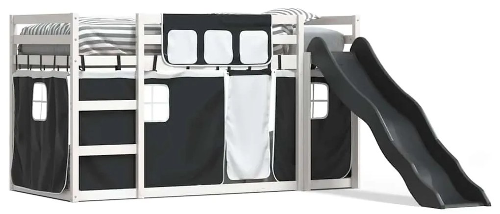 3284128 vidaXL Двуетажно легло с пързалка и завеси, бяло и черно, 90x190 см