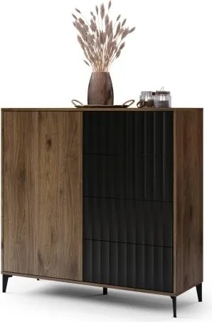 Скрин РИМИНИ К-123С Елегантен Орех/Черно - МОДЕРЕН ШКАФ С ЧЕКМЕДЖЕТА И НАБРАЗДЕНИ ФРОНТОВЕ