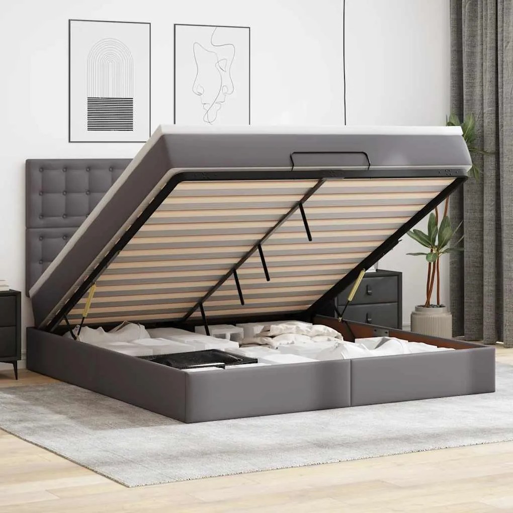 3313863 vidaXL Османска легло с матрак&LED, сиво, 160x200 см, изкуствена кожа