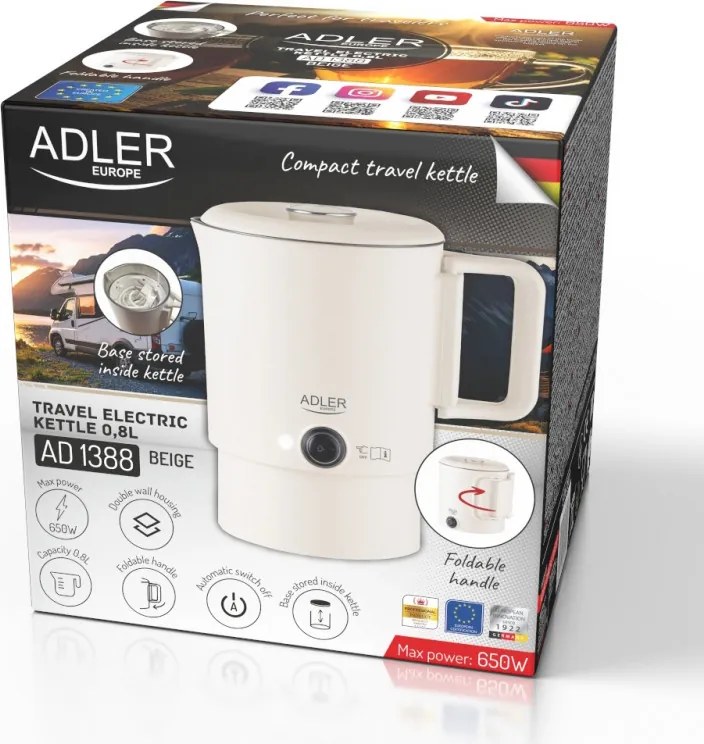 Електрическа кана за туризъм Adler AD 1388b, 650W, 0.8 л, Сваляем капак, Въртяща се основа, Бежов
