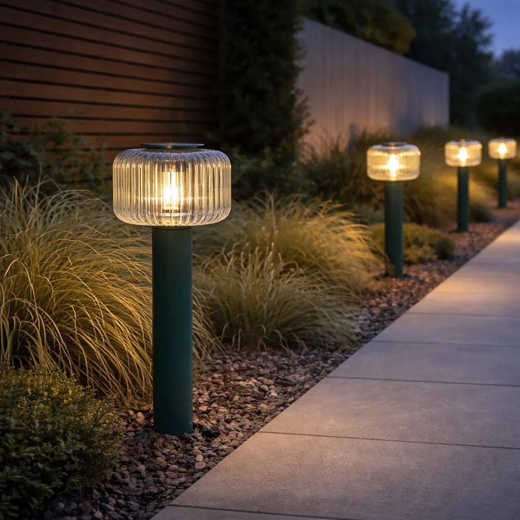 Модерен външен кол зелен с оребрено стъкло, включително LED соларна IP65 - Ribble Mushroom