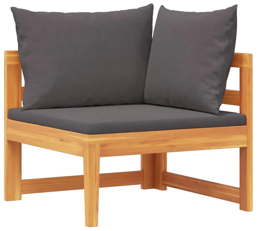 316320 vidaXL Ъглов диван с тъмносиви възглавници, акациево дърво масив