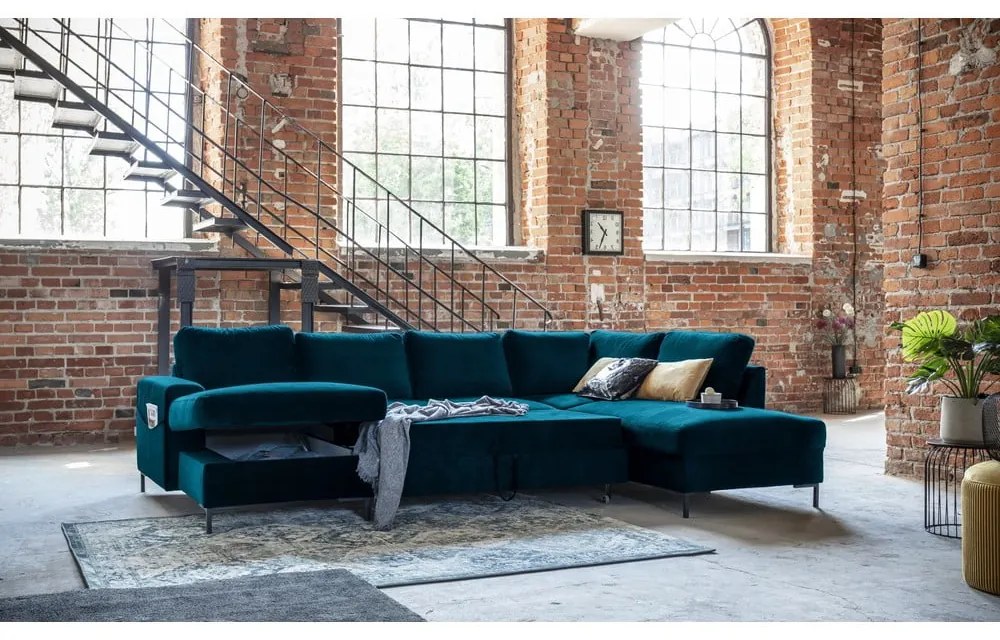 Кадифен разтегателен ъглов диван петролен (десен ъгъл) Lofty Lilly – Miuform