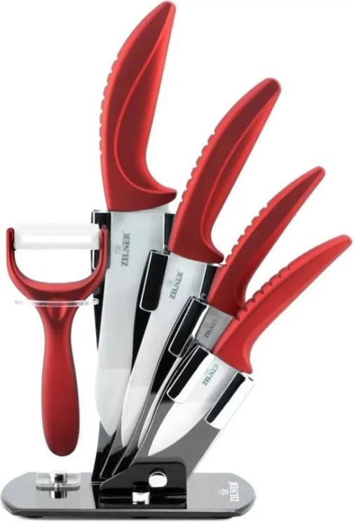 Комплект ножове с поставка ZILNER ZL 5123, 6 части, Белачка, Керамично покритие, Червен