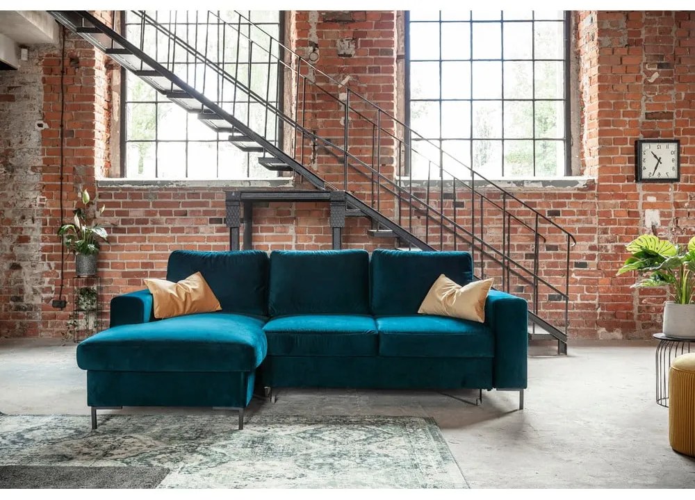 Кадифен разтегателен ъглов диван петролен (ляв ъгъл) Lofty Lilly – Miuform