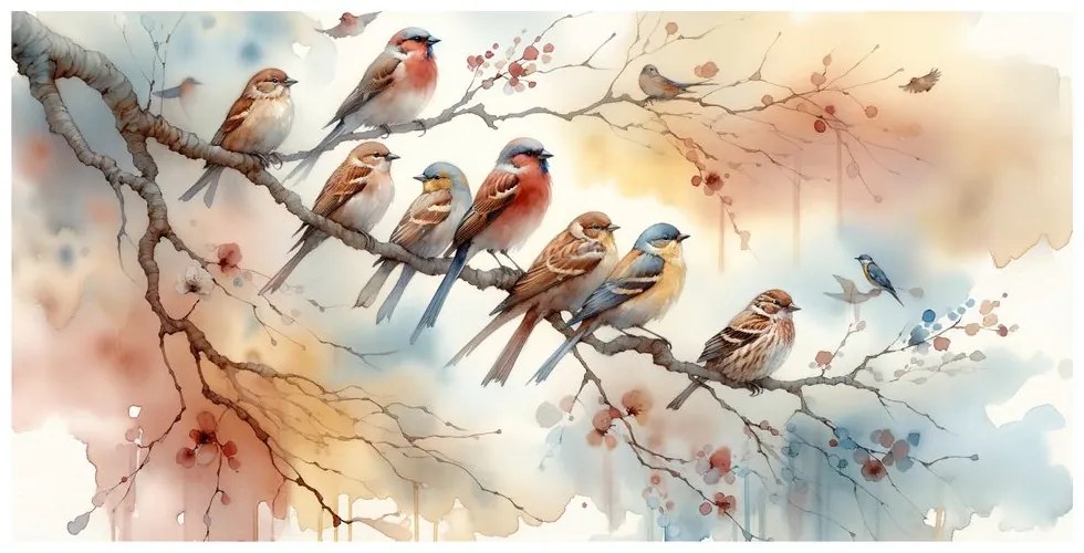 Картина на платно – Цветни птичета на клонче