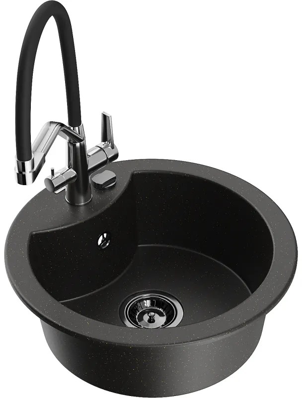 Mexen Diego гранитна мивка с 1 камера и кухненски смесител Duo, черен/златист металик - 6512-75-671701-07-B