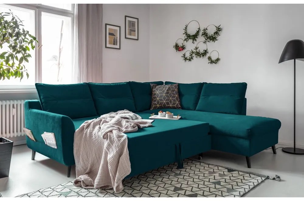 Ъглов разтегателен диван от тюркоазено кадифе L, десен ъгъл Stylish Stan - Miuform