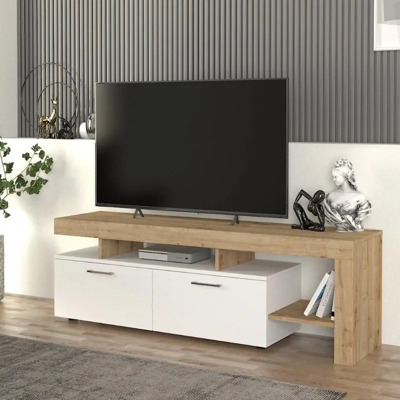 Стойка за телевизор от меламин Acnes в бял - сапфирен дъб цвят 160x40x53см.