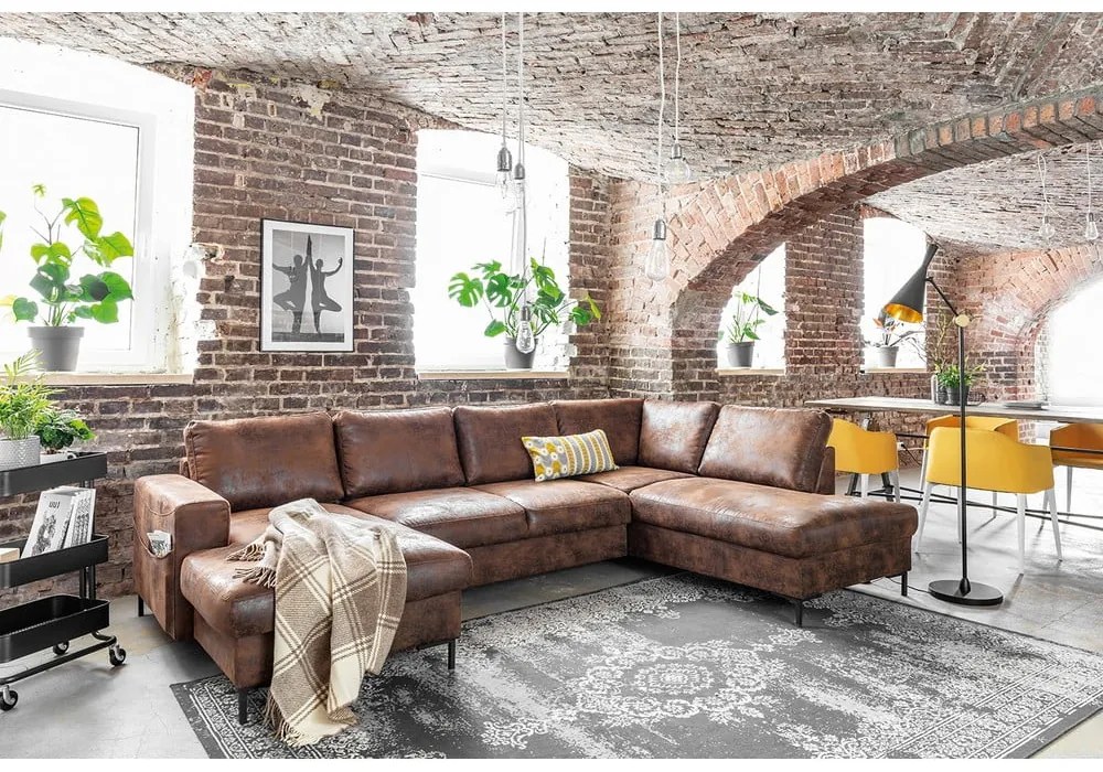 Кафяв U-образен разтегателен диван с имитация на кожа Vintage, десен ъгъл Lofty Lilly - Miuform